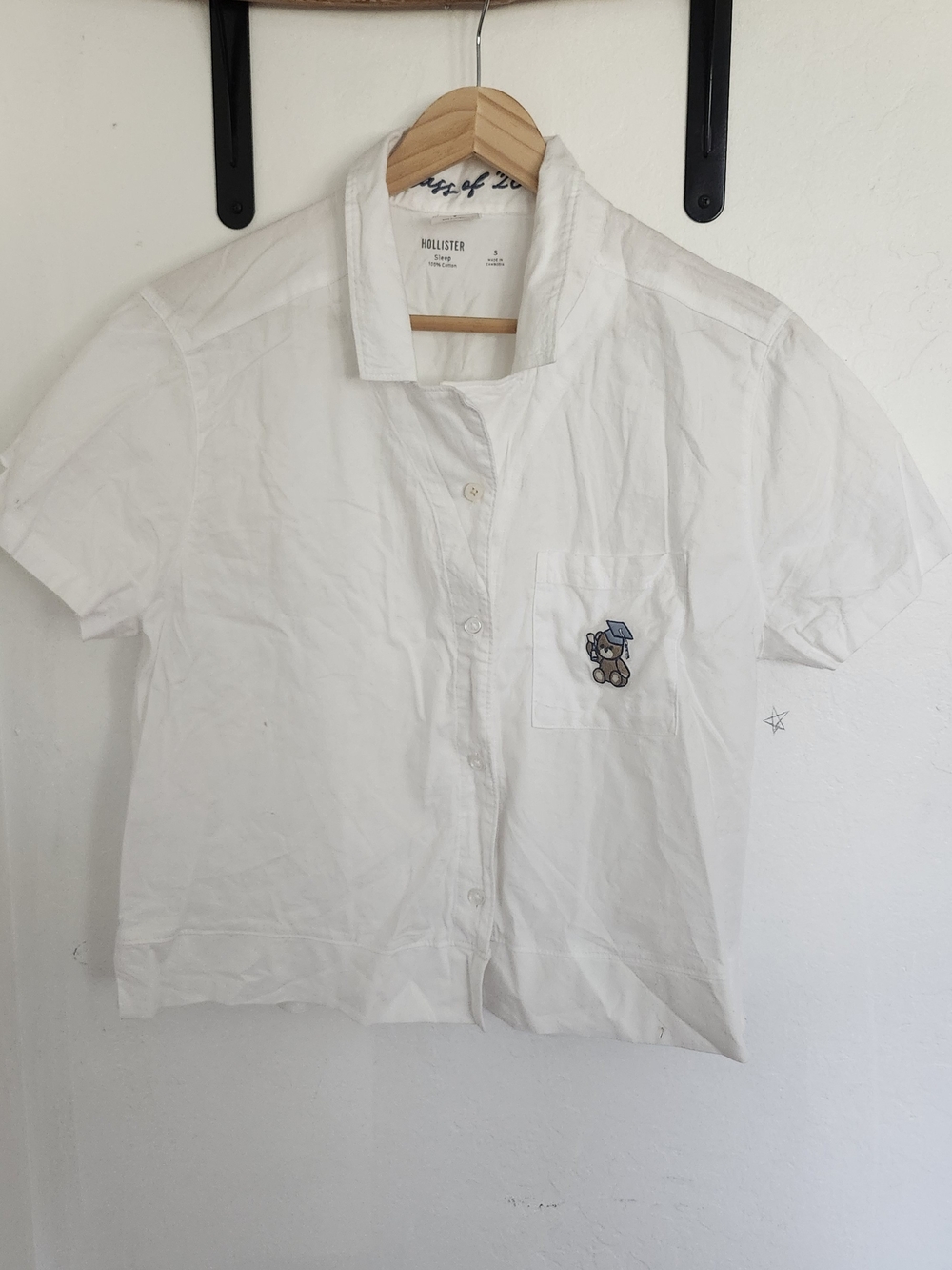Hollister Sleep White Short Sleeve Cotton Shirt with Bear Patch